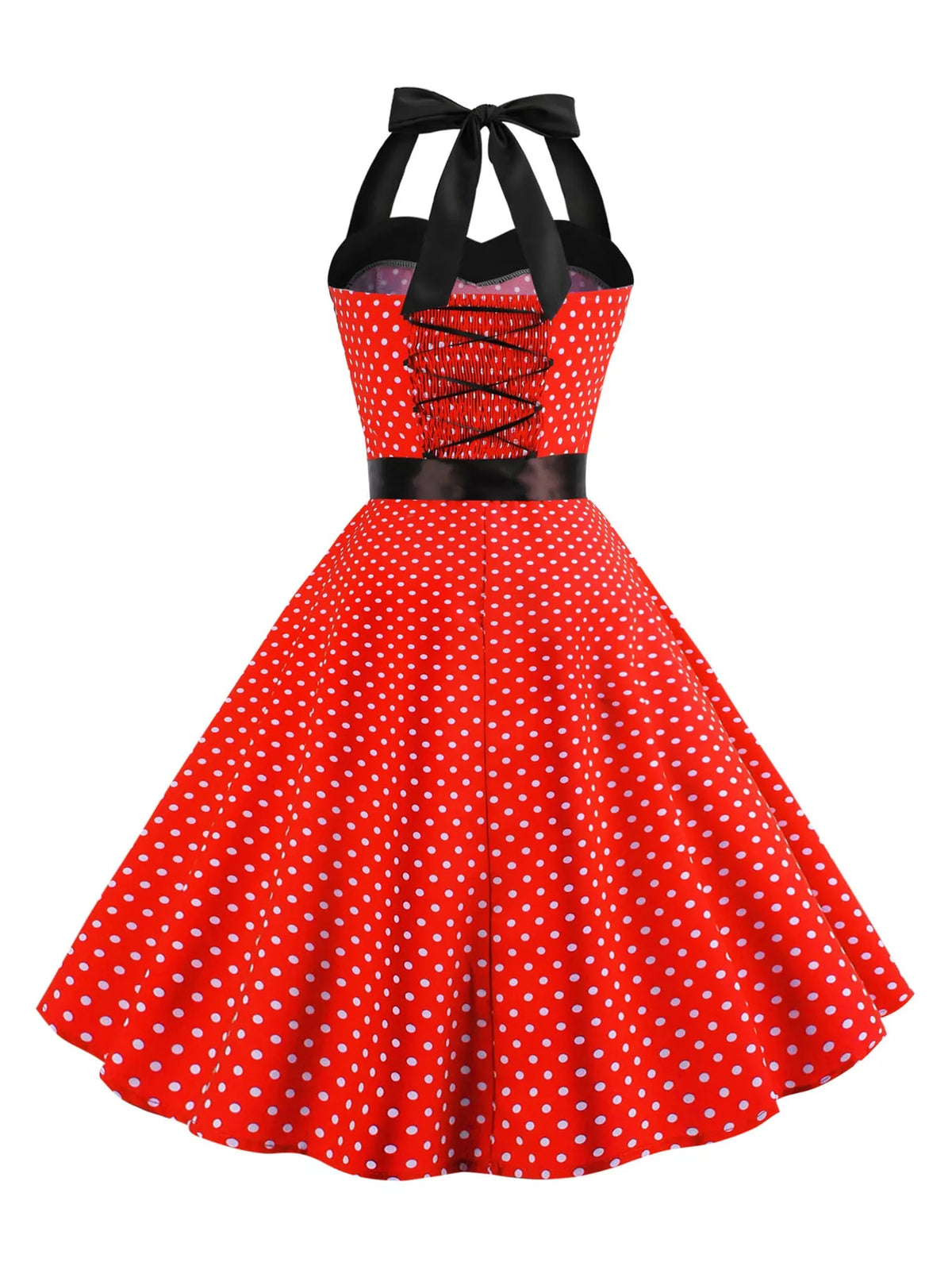 Halter neck sleeveless knee dress, back view