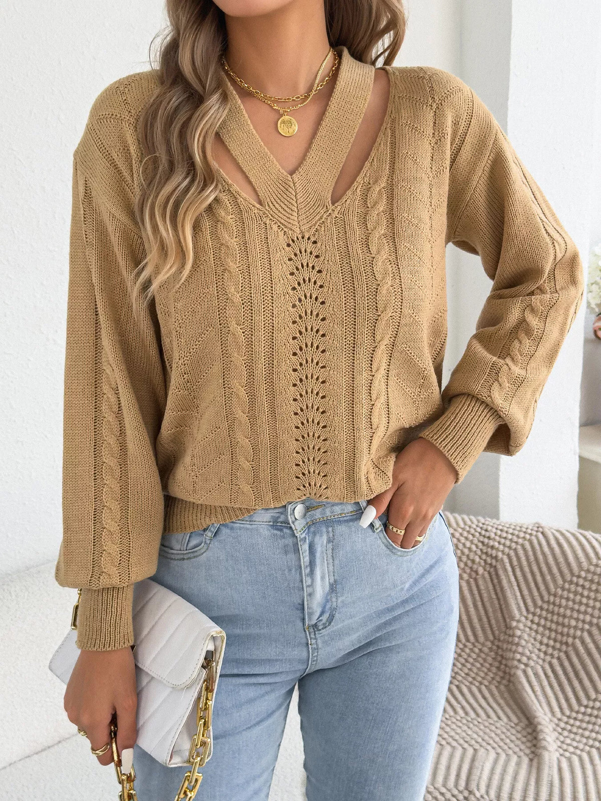 Khaki Color cut-out cable knit sweater