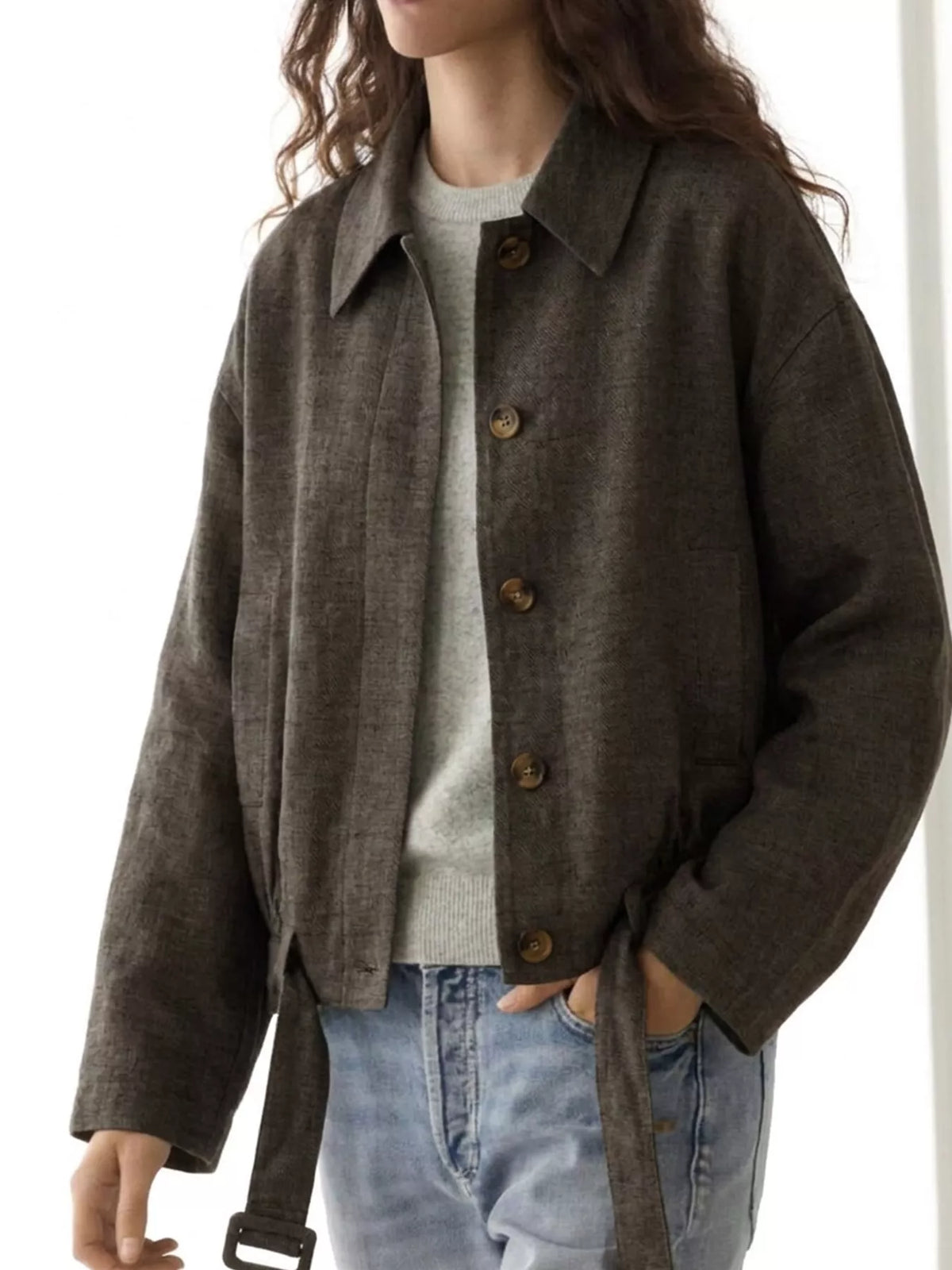 Charcoal belted dropped shoulder jacket — front view