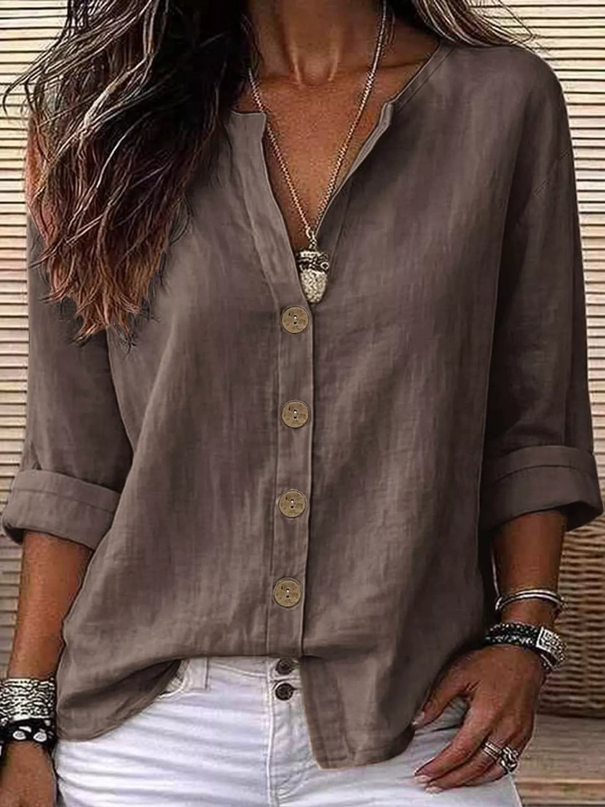 Notched-neck shirt, gray front