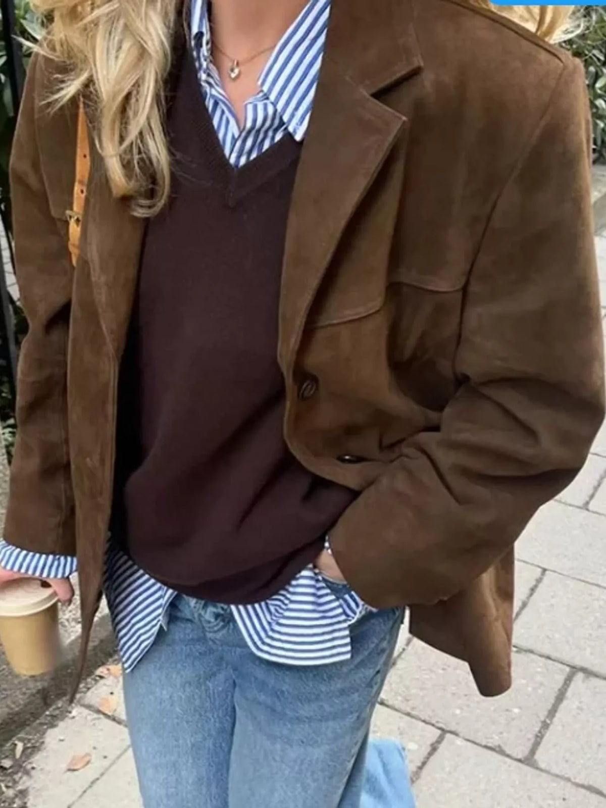 Dark brown lapel blazer, front view