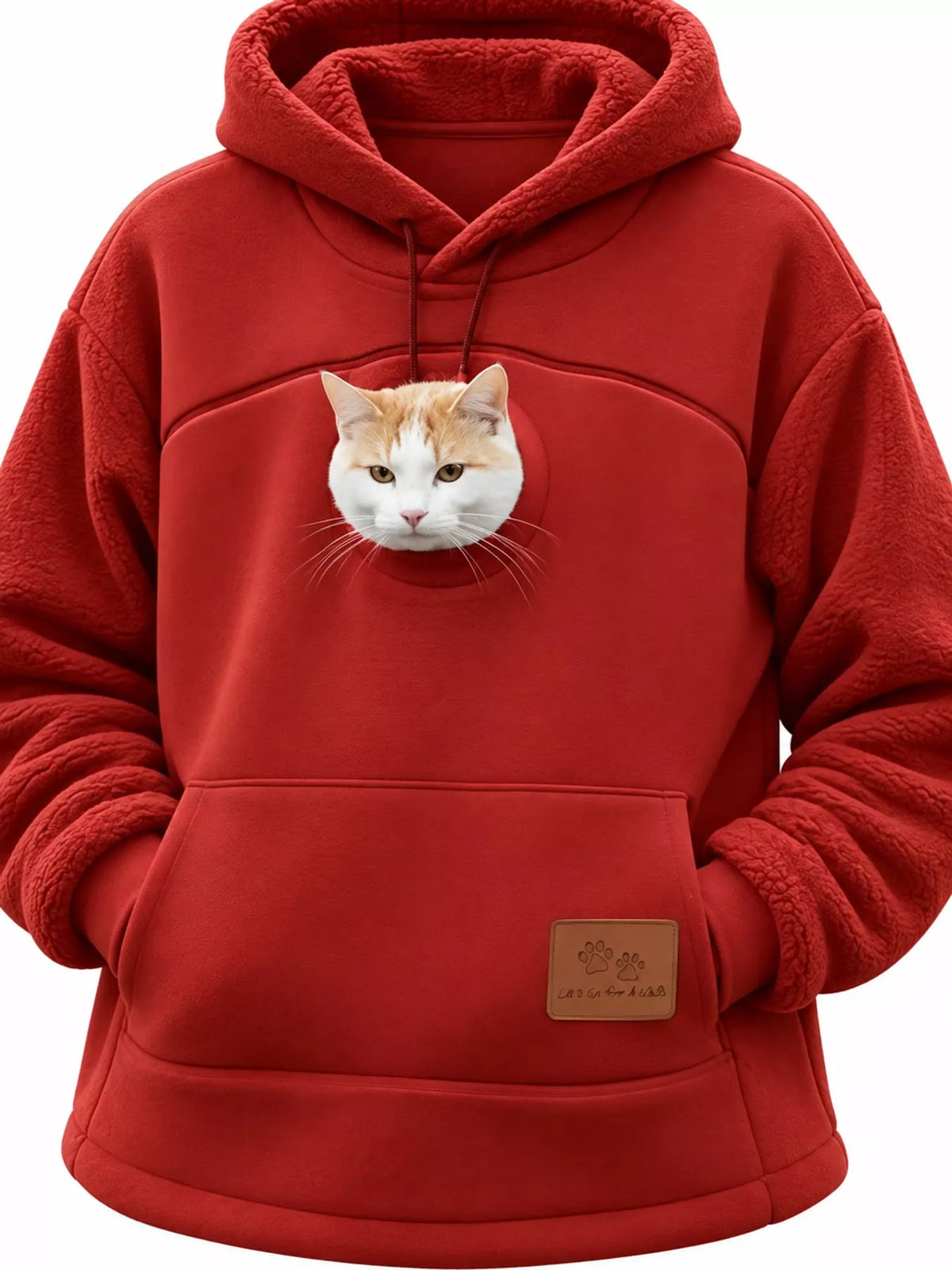 Pet-pouch hoodie, red flat lay with cat in pouch