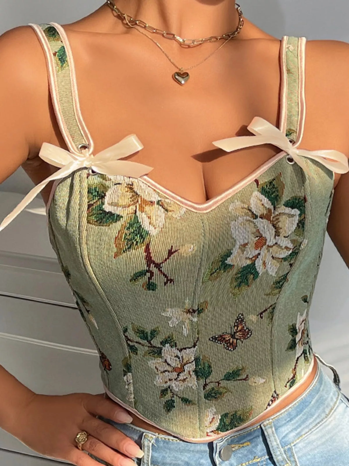 Green floral lace-up back tank