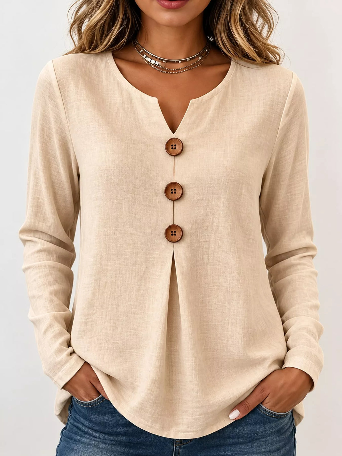 Apricot long sleeve decorative button blouse