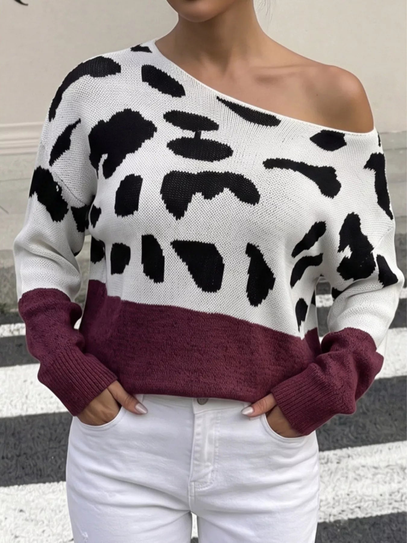 Trendsi Full Size Leopard One Shoulder Sweater Plus Size -