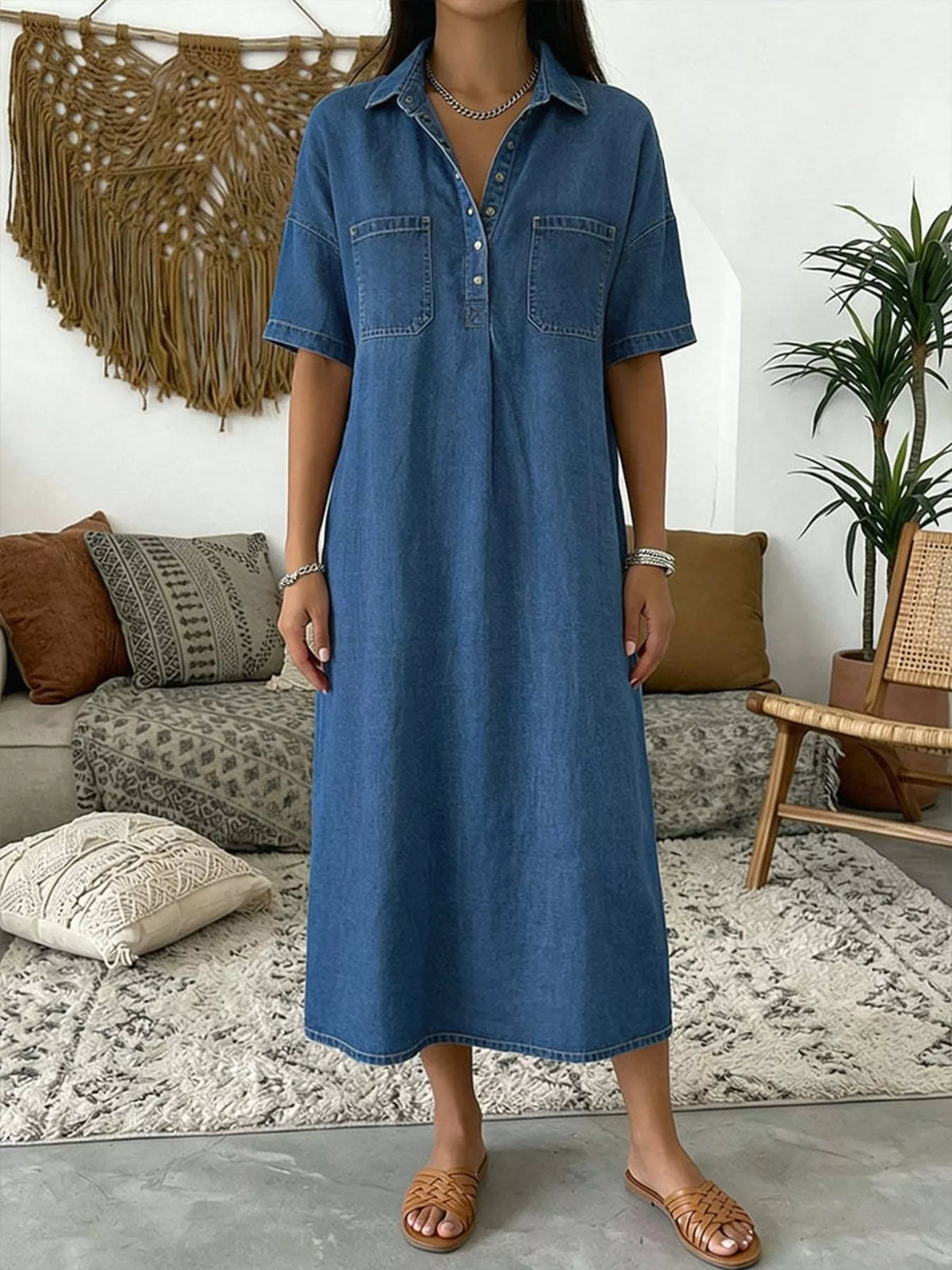 Blue short sleeve dress with chest pockets — front view