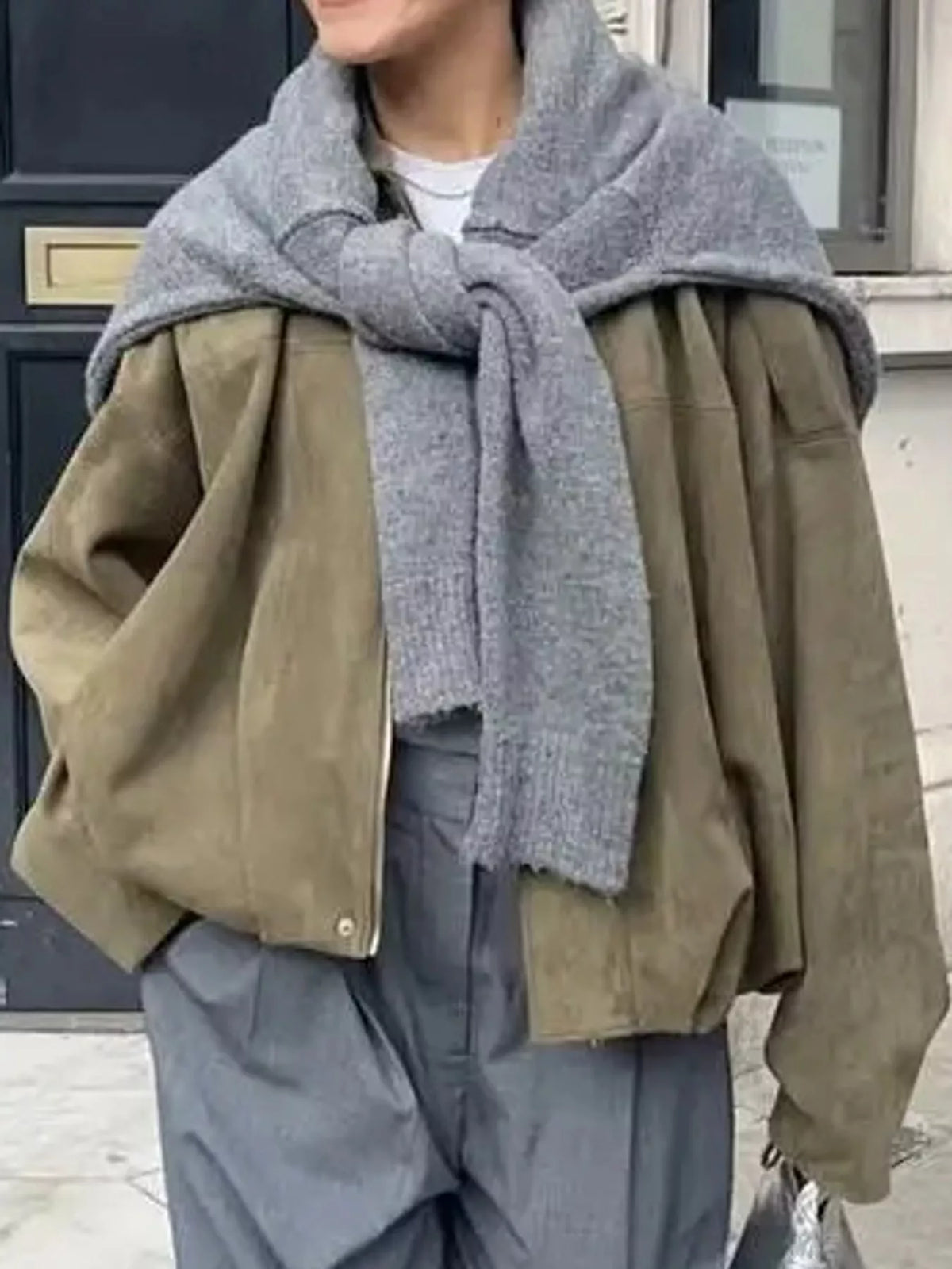 Oversized zip jacket, olive layered front