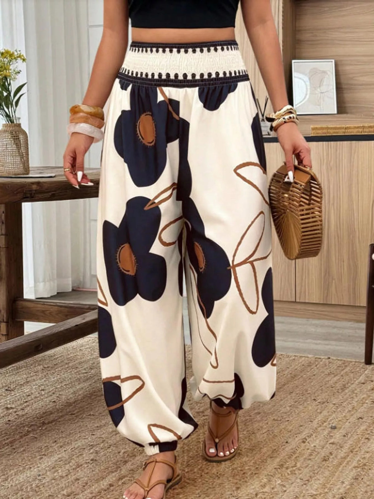 Dark Blue floral print wide-leg pants