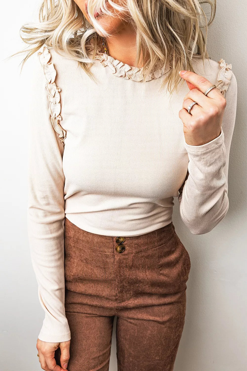 Trendsi Solid Color Round Neck Frill Detail Long Sleeve Top -