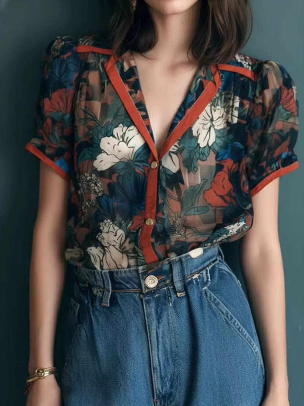 Red vintage floral print v-neck blouse with contrast trim