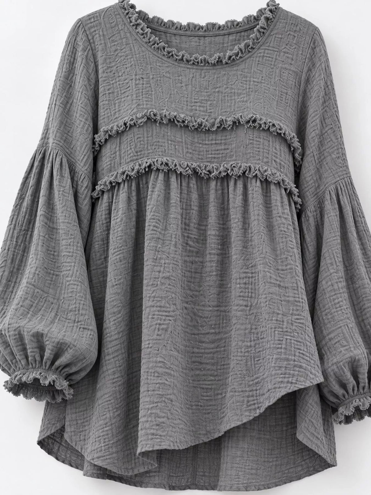 Gray textured frayed-trim peplum blouse, product view