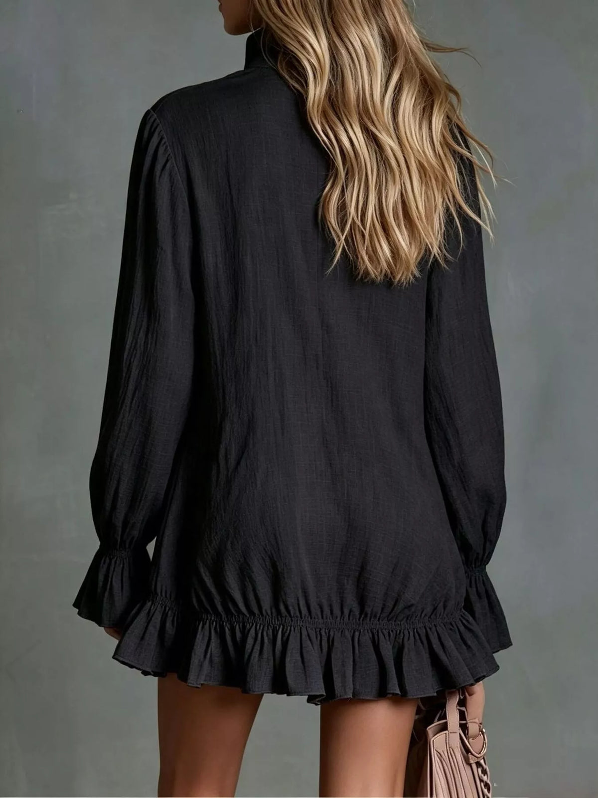Trendsi Zipper Front Ruffle Hem Flounce Sleeve Mini Dress -