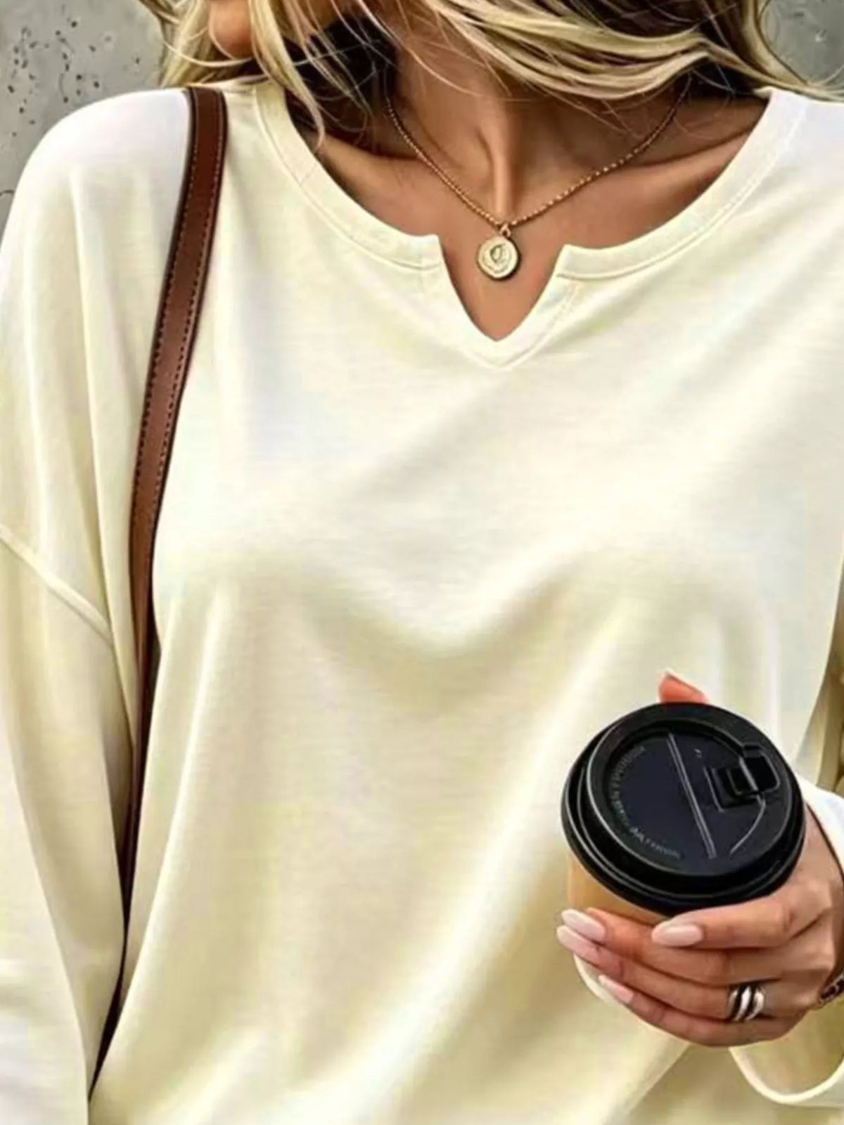 Cream Loose-Fit Notch Neck Long Sleeve T-Shirt neckline detail