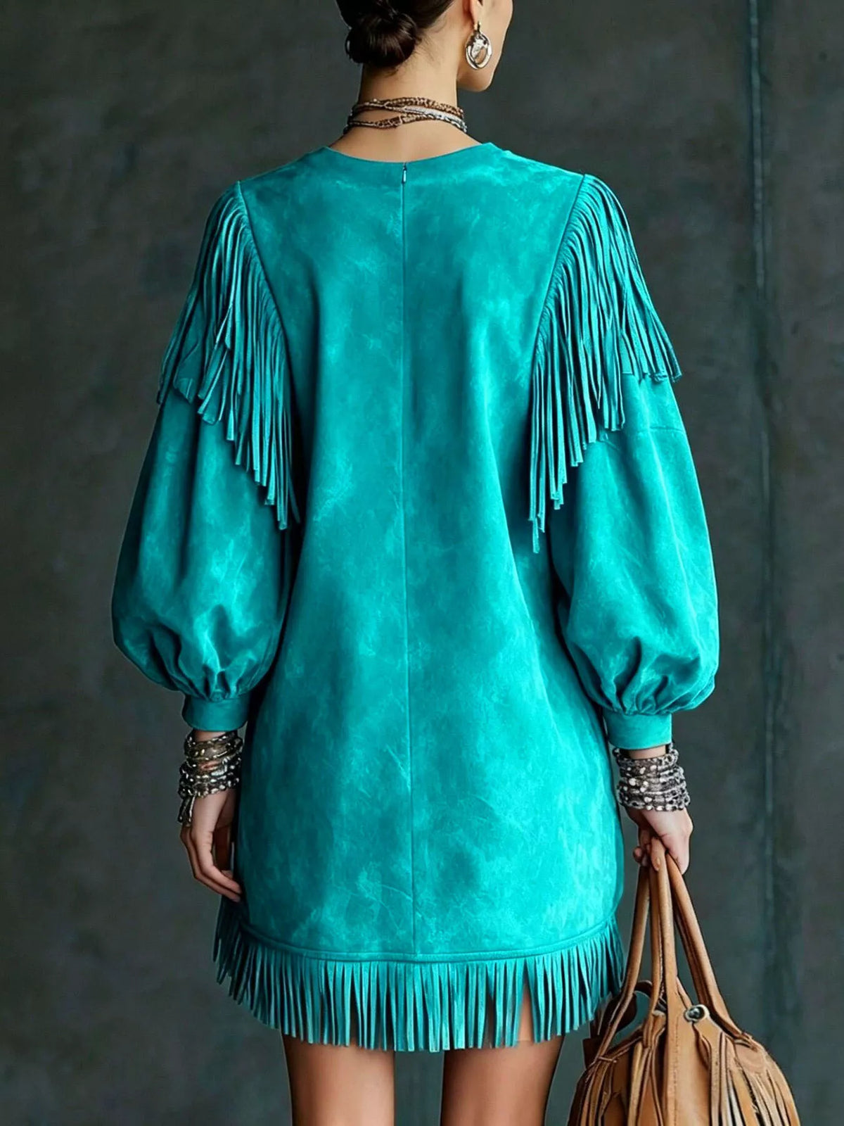 Round neck long sleeve mini dress, back view