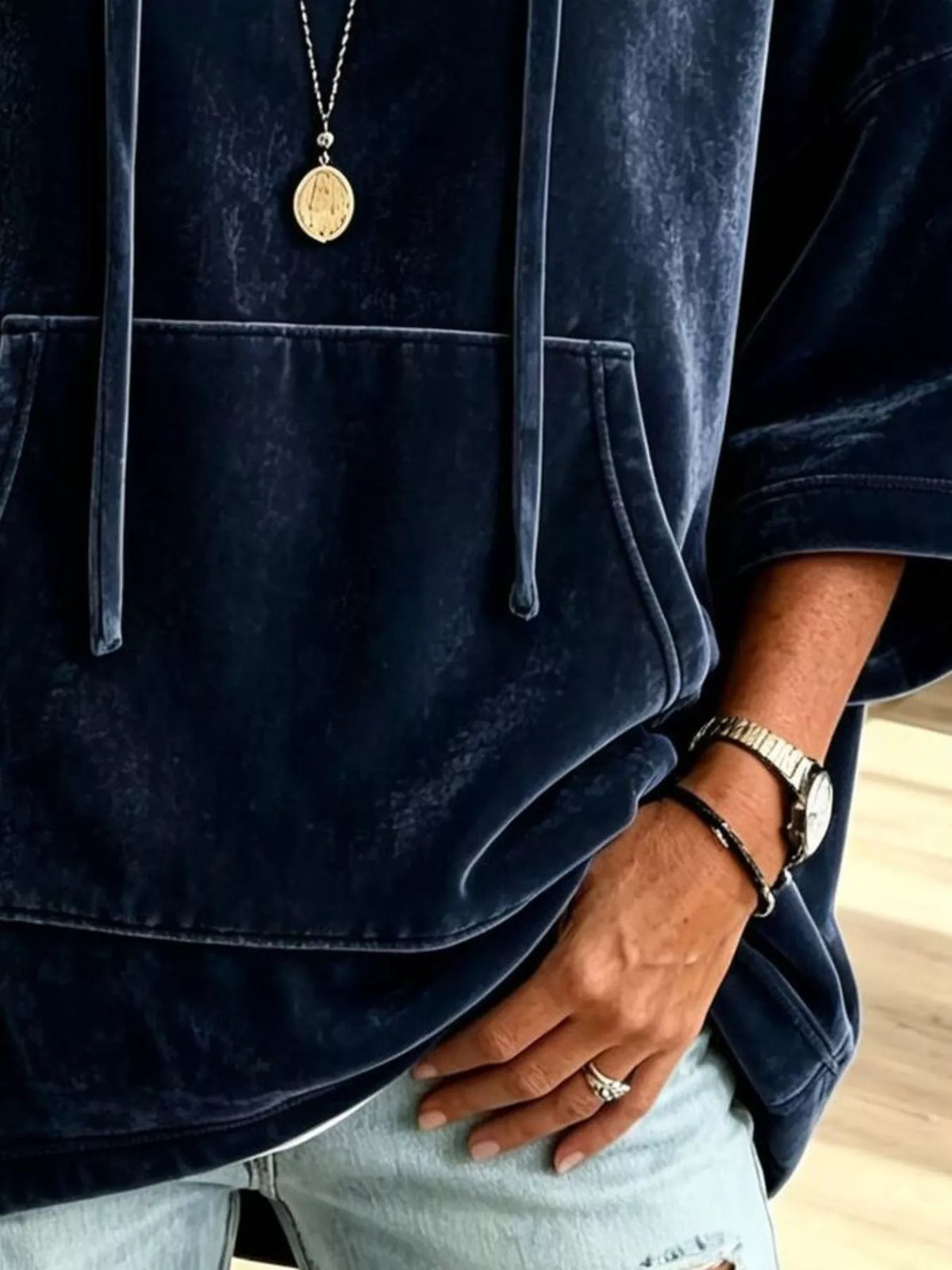Navy velvet kangaroo pocket drawstring hoodie, detail view