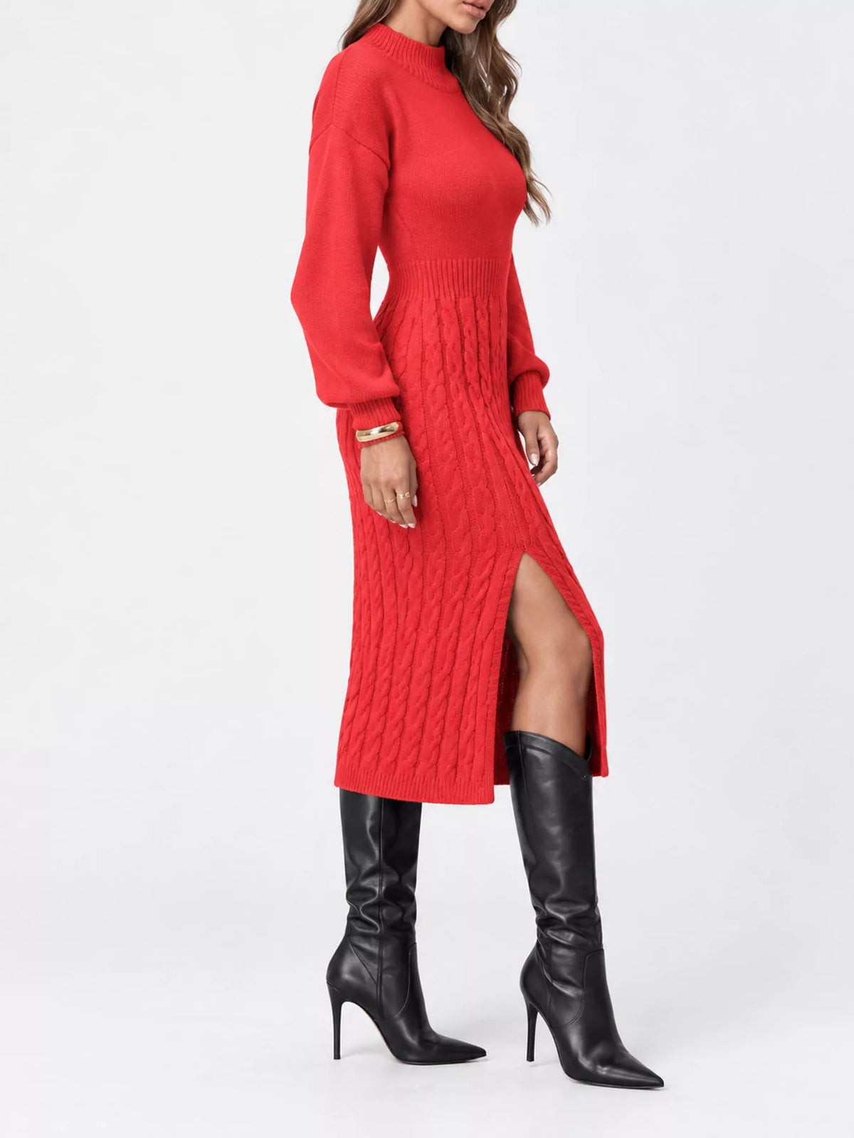 Women's Mock Neck Cable Knit Sweater Dress with Front Slit in red — side view