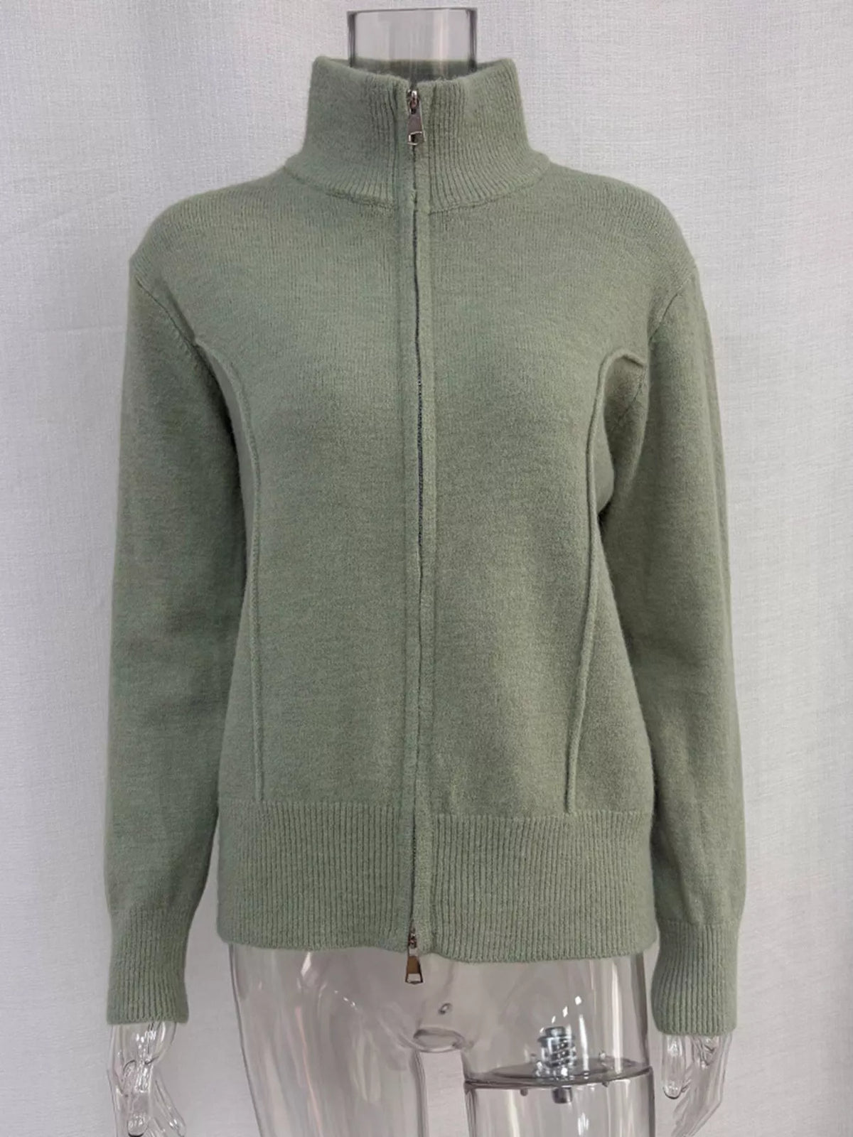 Zip-up cardigan and midi skirt knit set in sage green, cardigan front mannequin view