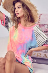 Trendsi BiBi Tie Dye French Terry Top With Stripe Raglan -