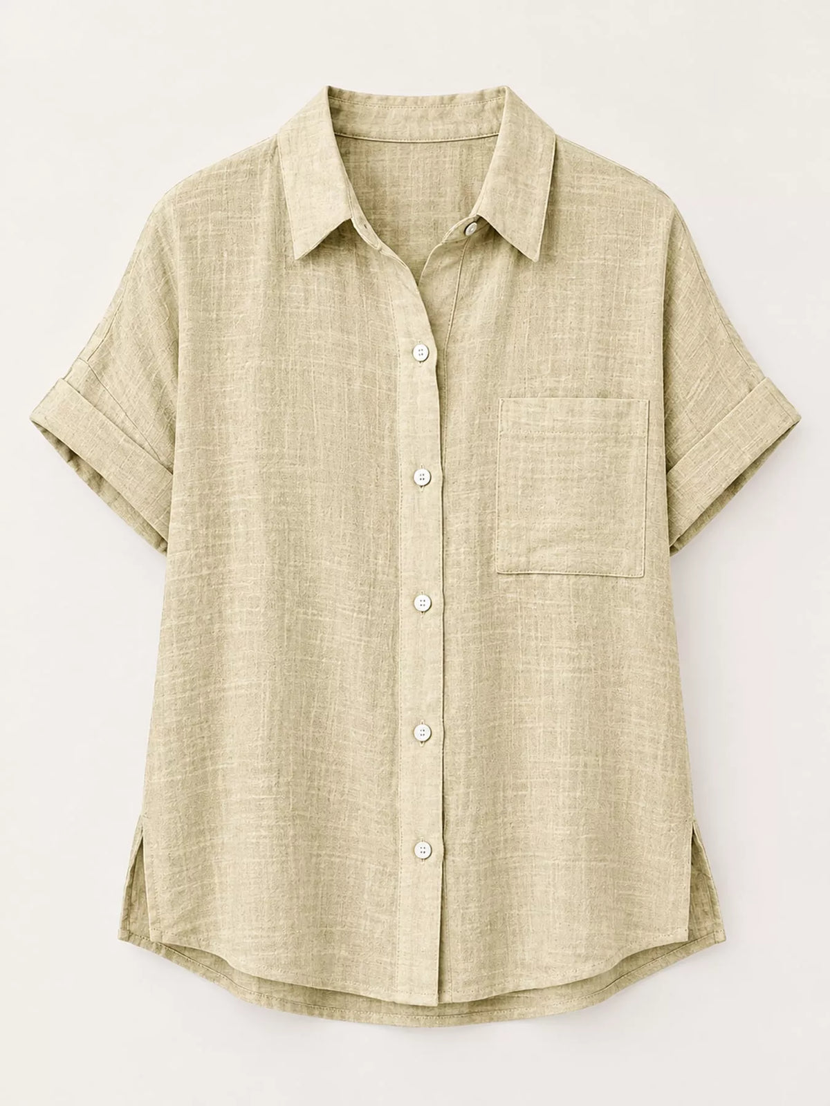 Women's Button Up Short Sleeve Shirt in beige — flat lay view