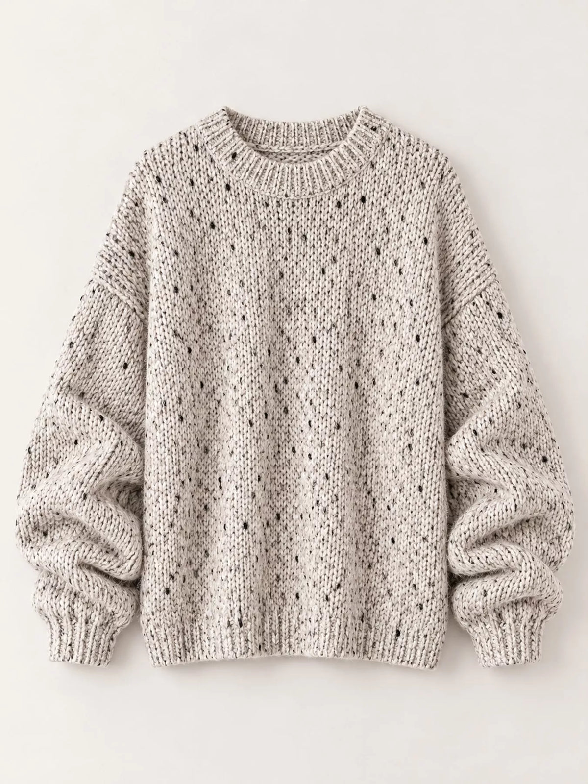 Beige chunky knit round neck sweater, front view