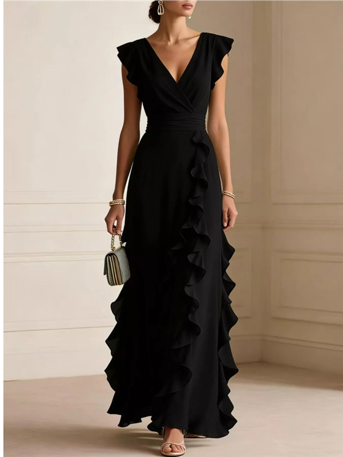 Black ruffled surplice maxi dress, front view