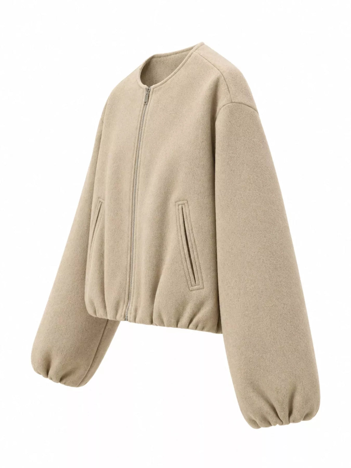 Khaki fleece zip-up cropped jacket