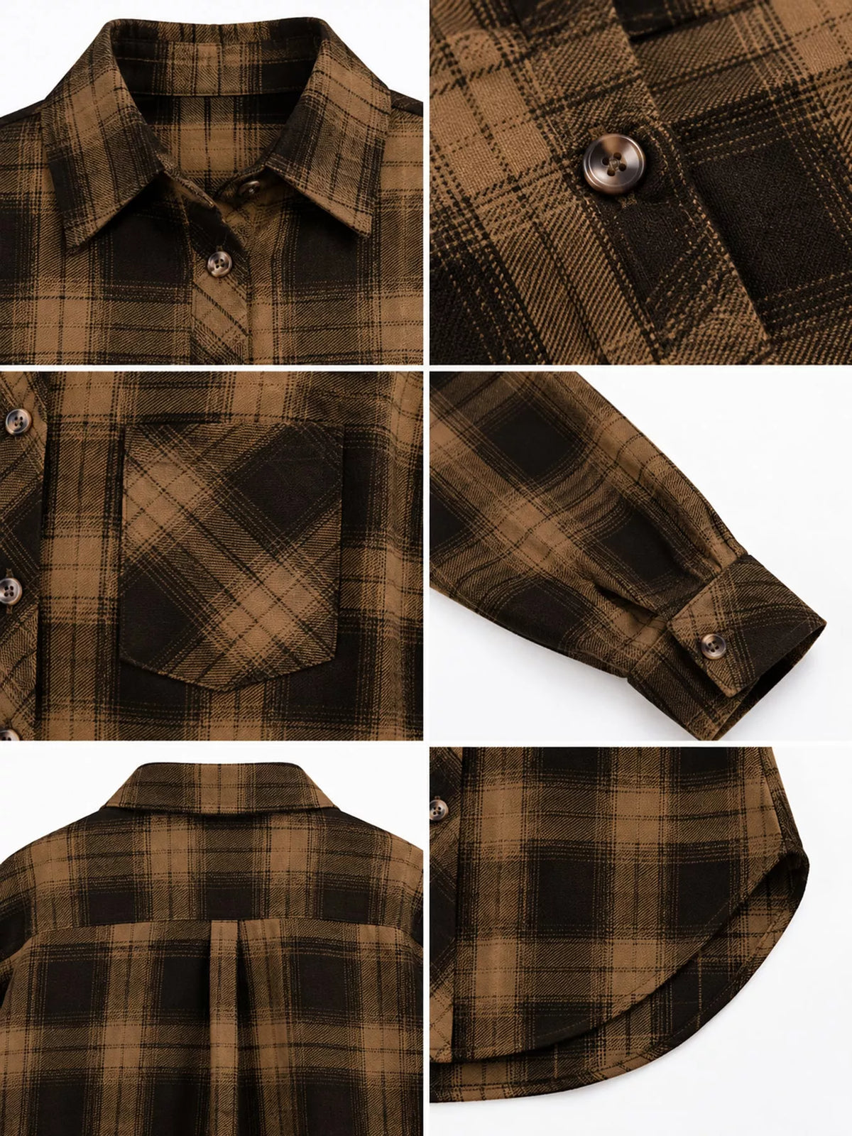 Oversized plaid shirt, brown plaid garment details