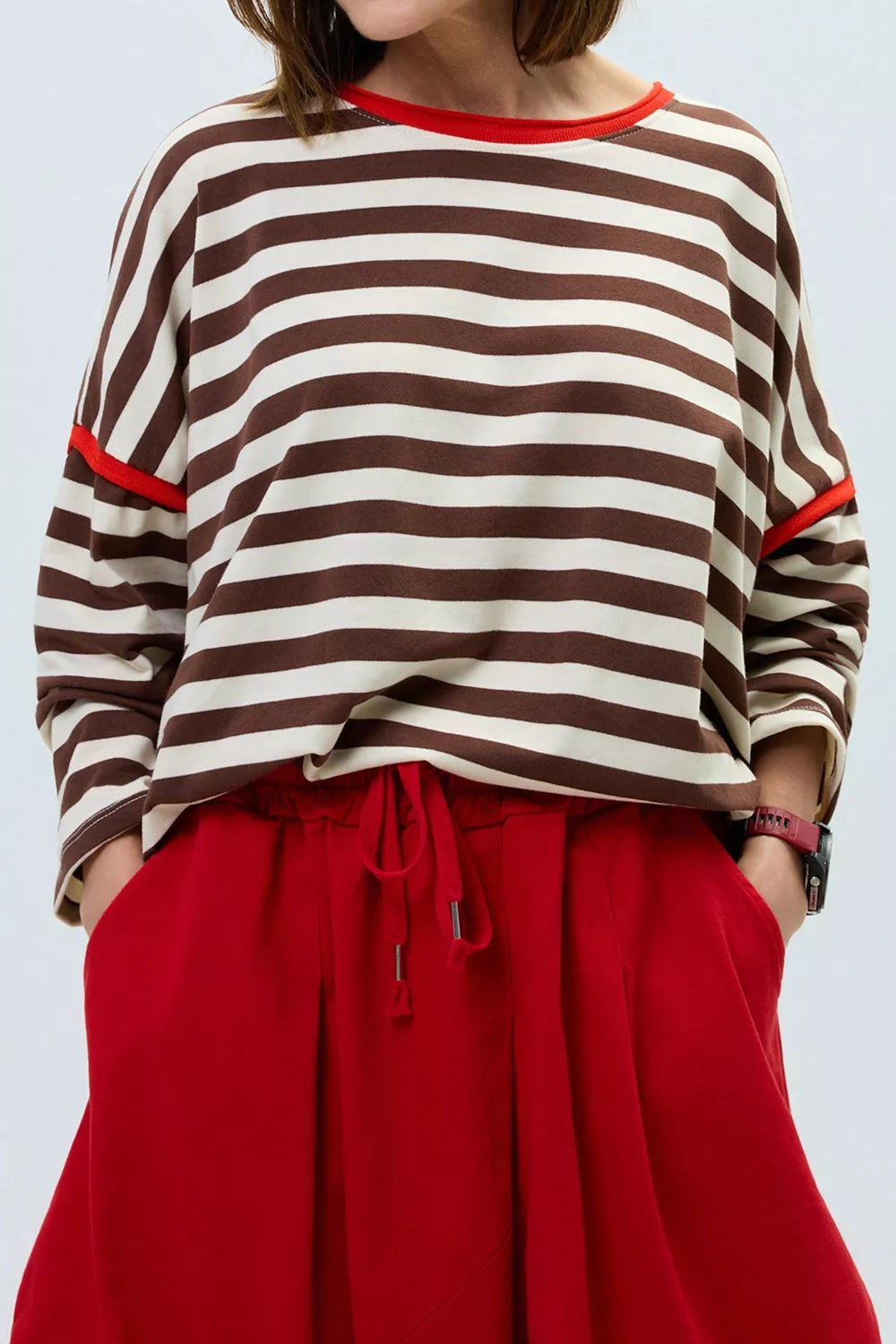 Striped Top with Contrast Trim in brown and white, front view