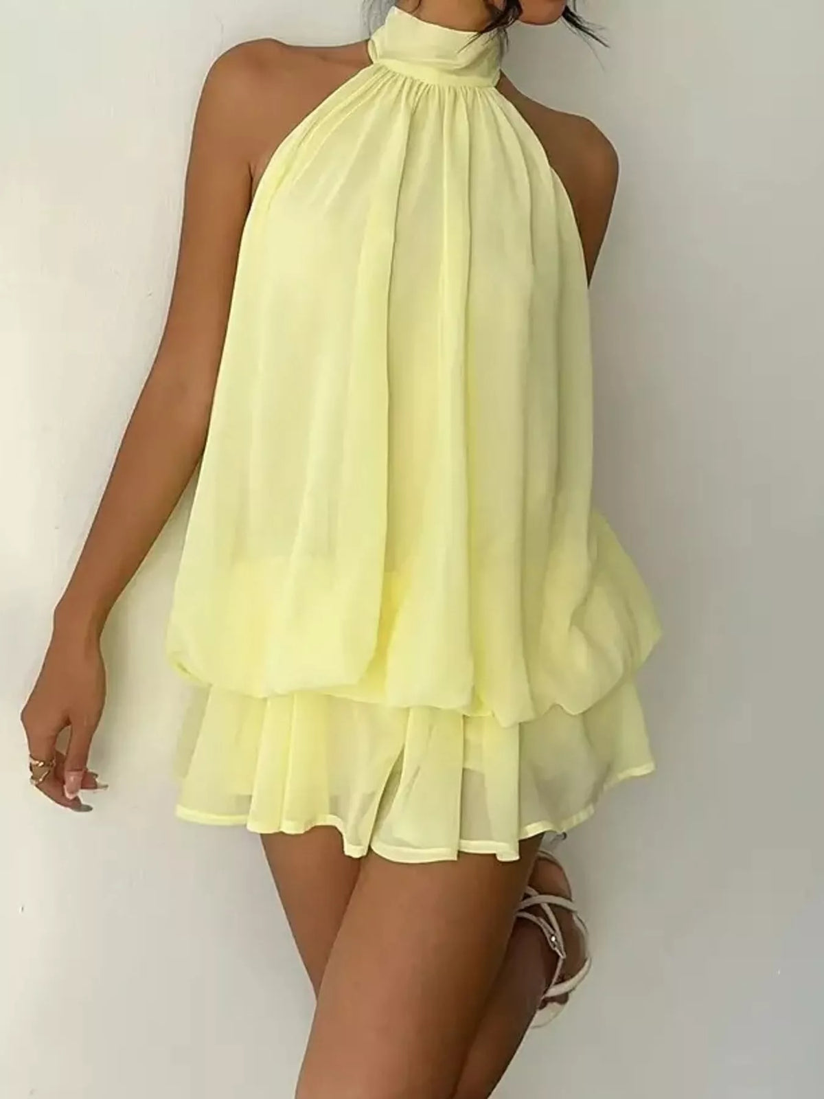 Yellow halter neck chiffon mini dress