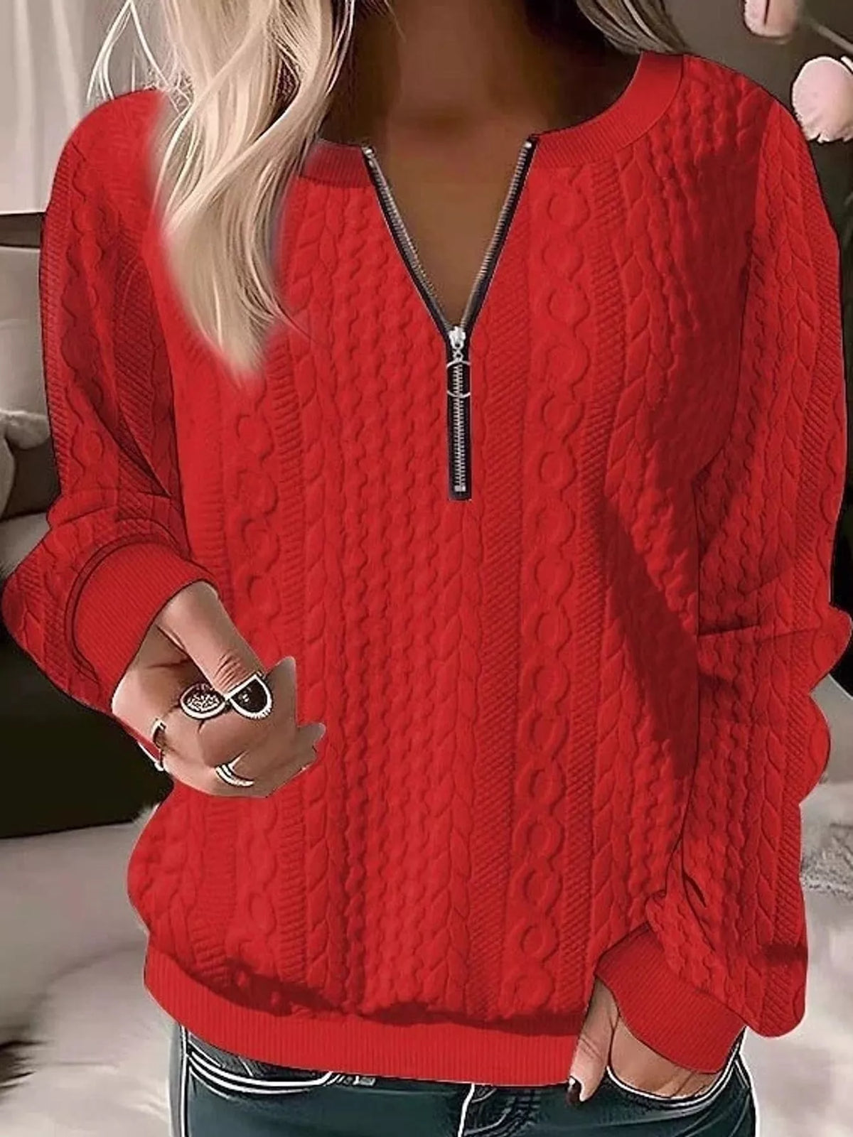 Quarter-Zip Cable Knit Sweatshirt — front view
