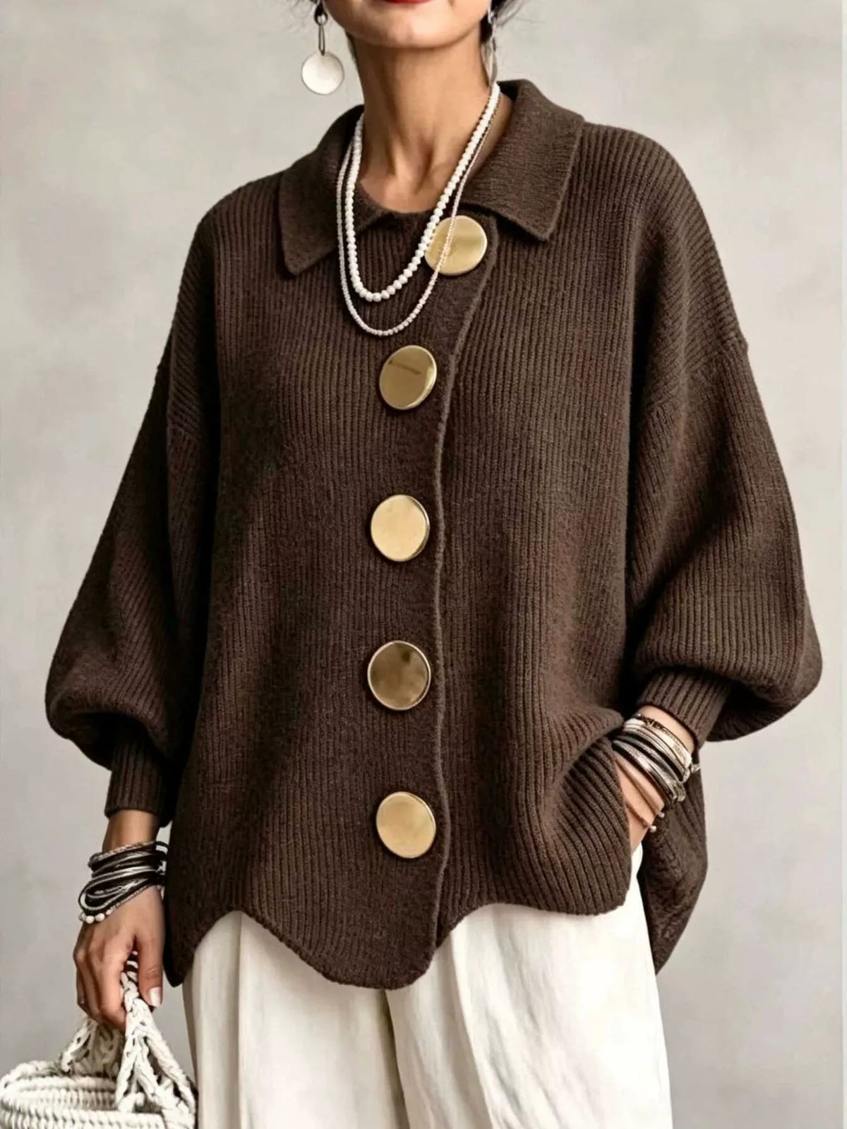 Women's Ribbed Knit Gold Buttons Cardigan in brown — front view
