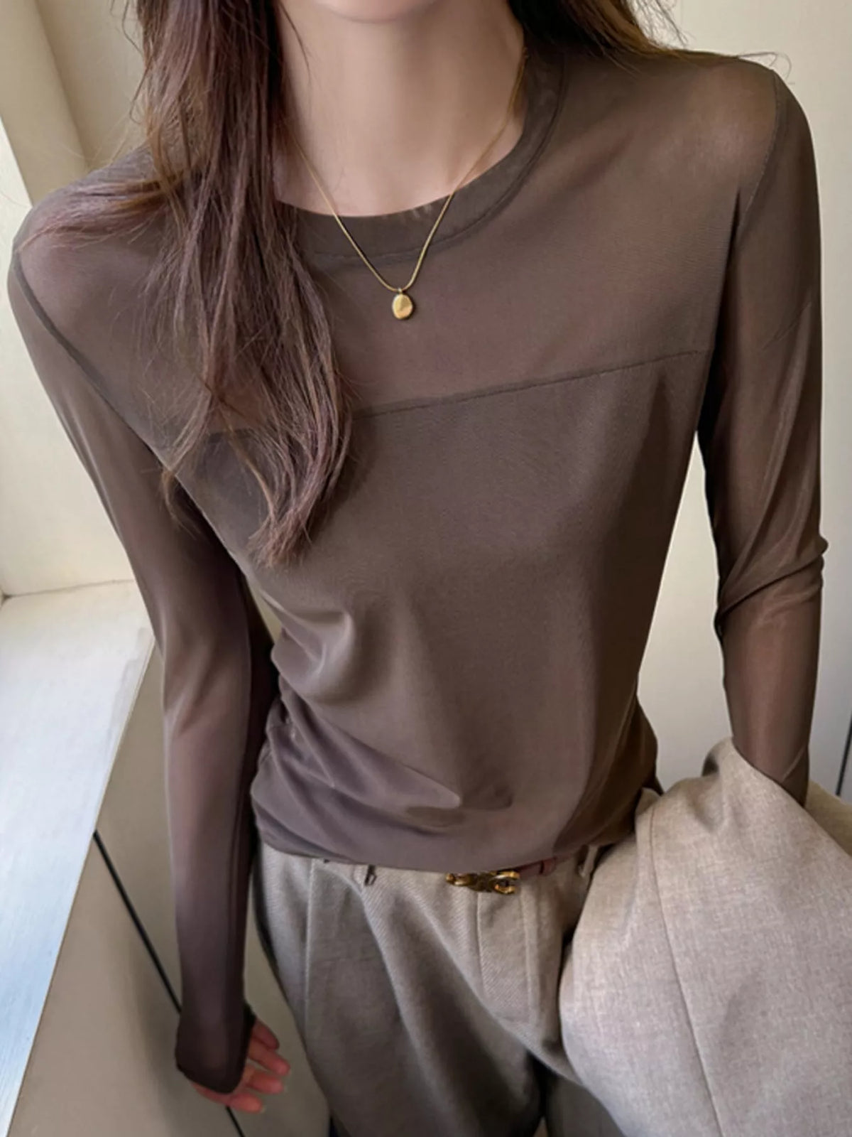 Coffee sheer mesh patchwork long sleeve t-shirt