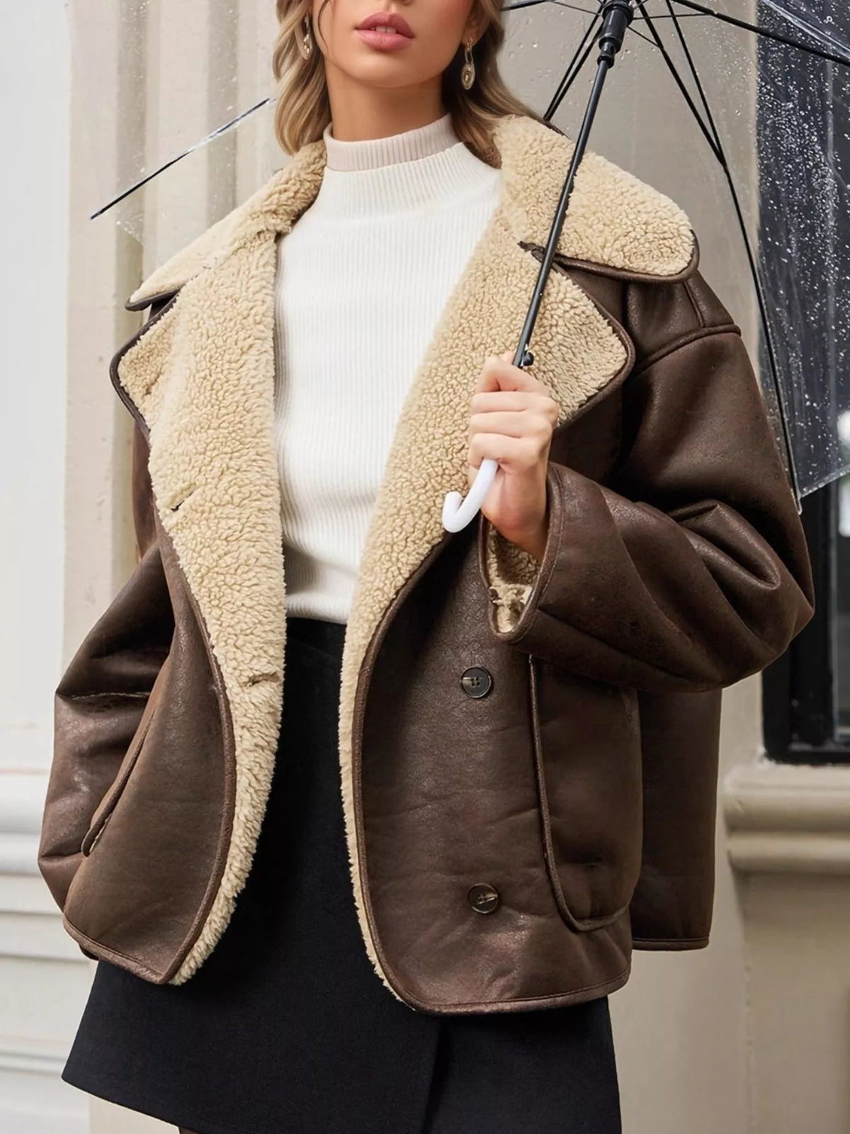 Coffee Brown Sherpa-Lined Button-Down Jacket with Pockets front view