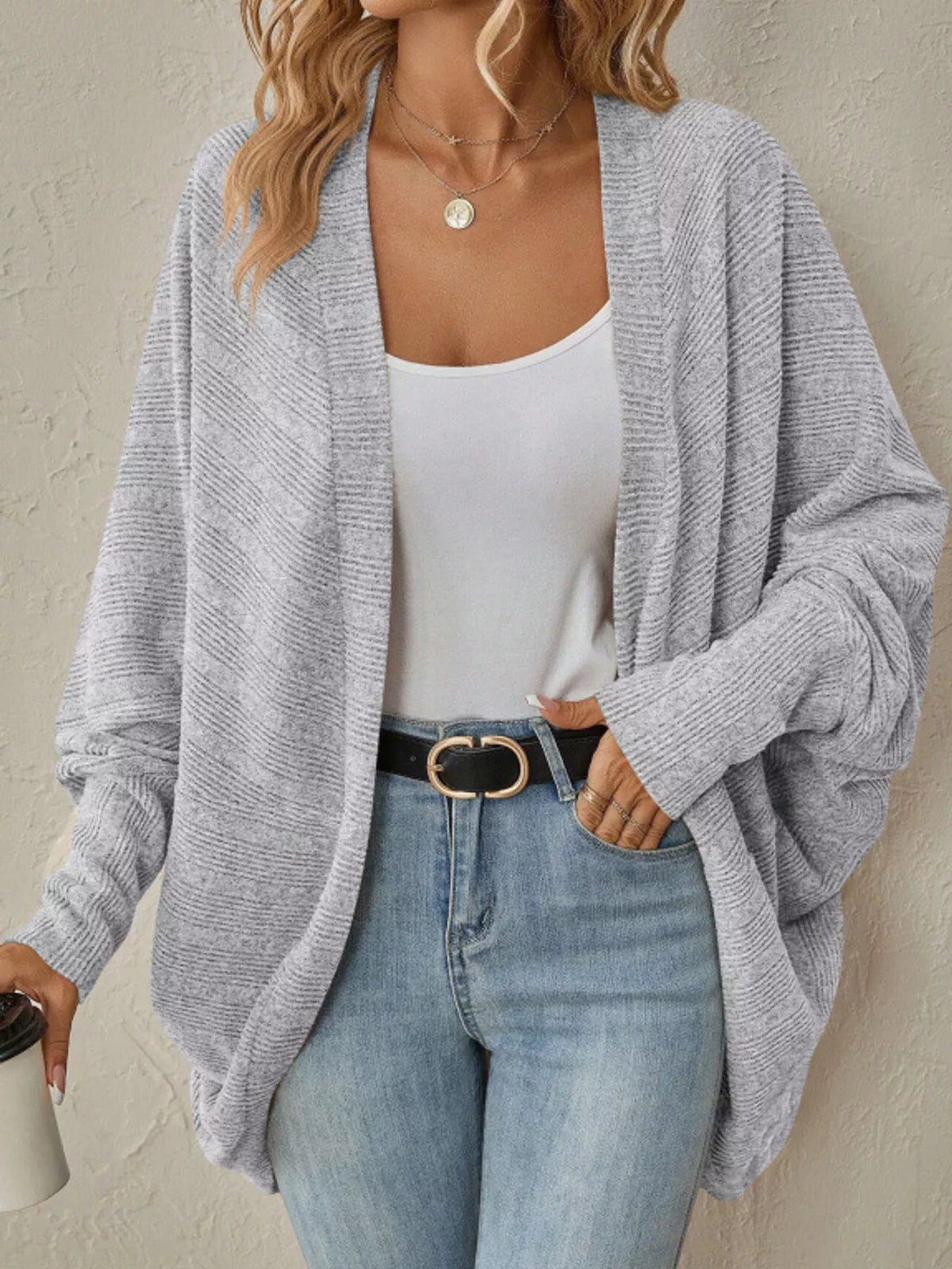 Light Gray open-front batwing sleeve cardigan