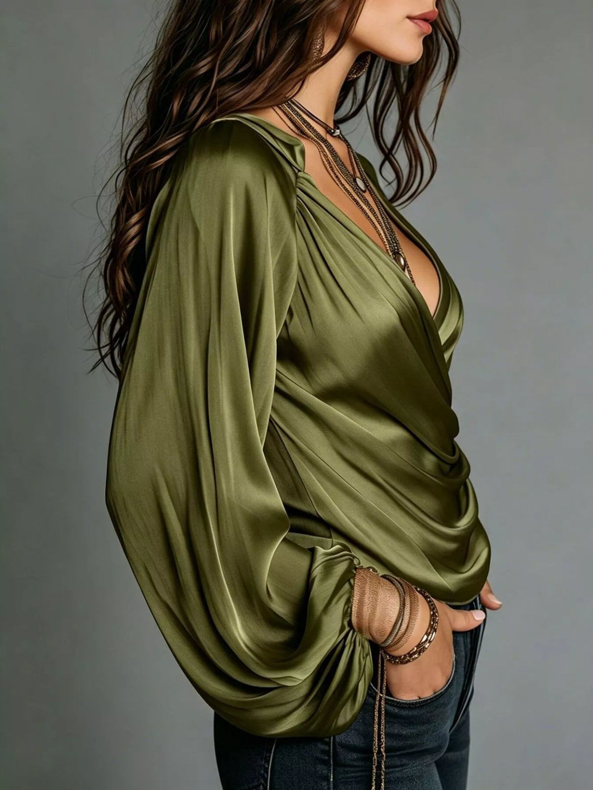 Satin blouse, olive side