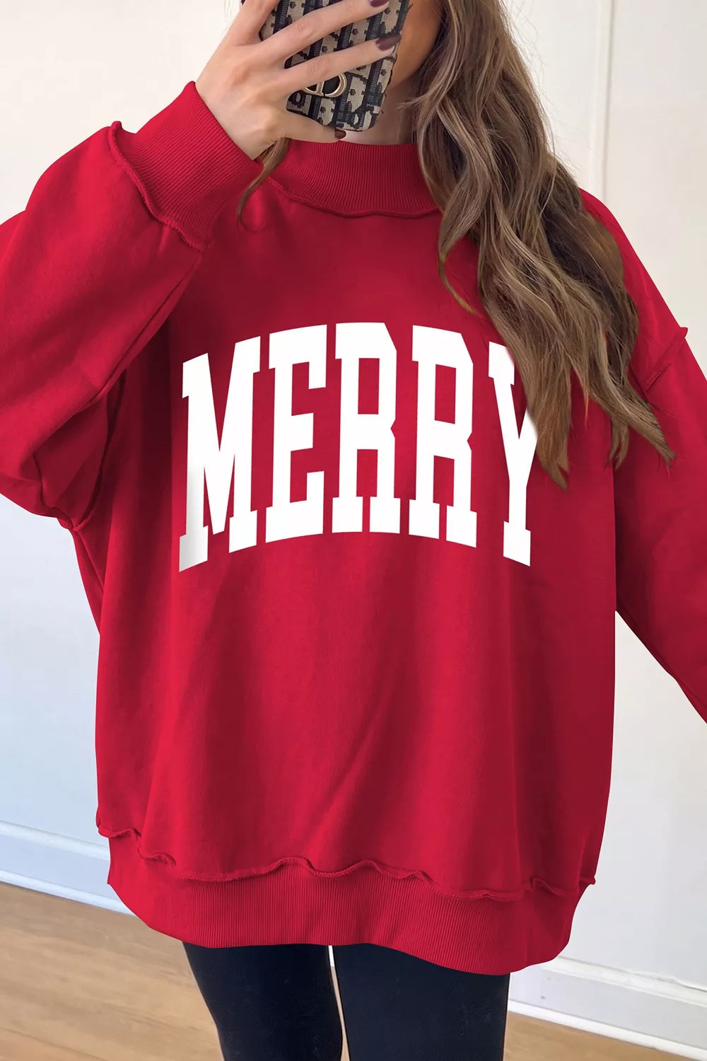 Red holiday high neck tunic sweatshirt, Merry graphic