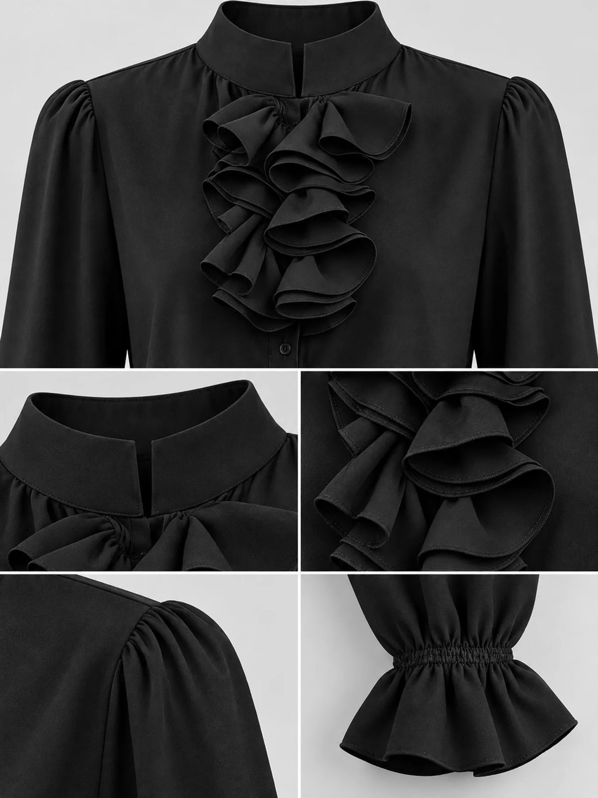 Ruffled Stand-Collar Blouse with Long Lantern Sleeves, collar cuff and placket detail