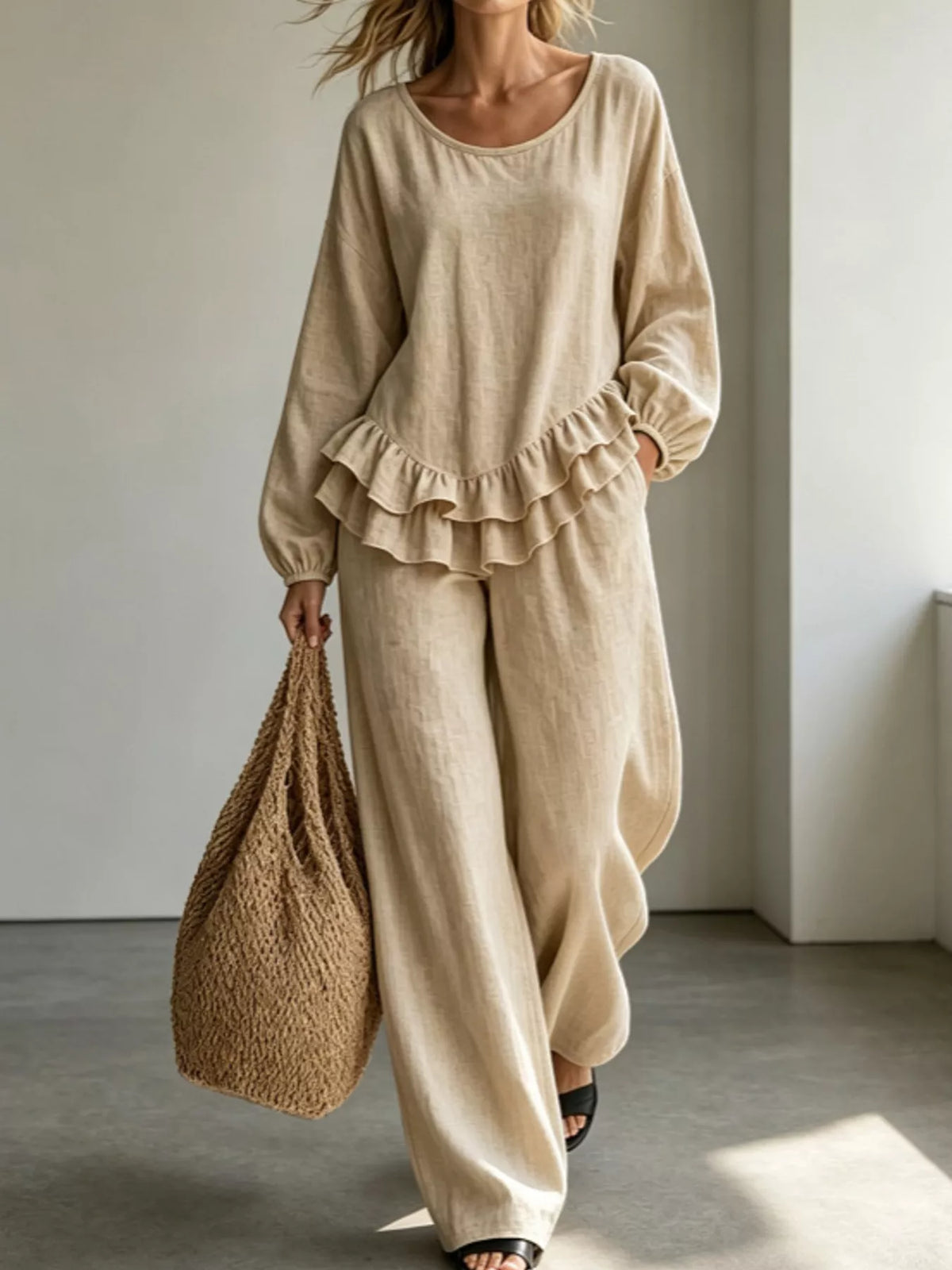 Ruffled Hem Long Sleeve Top and Pants Set — front view