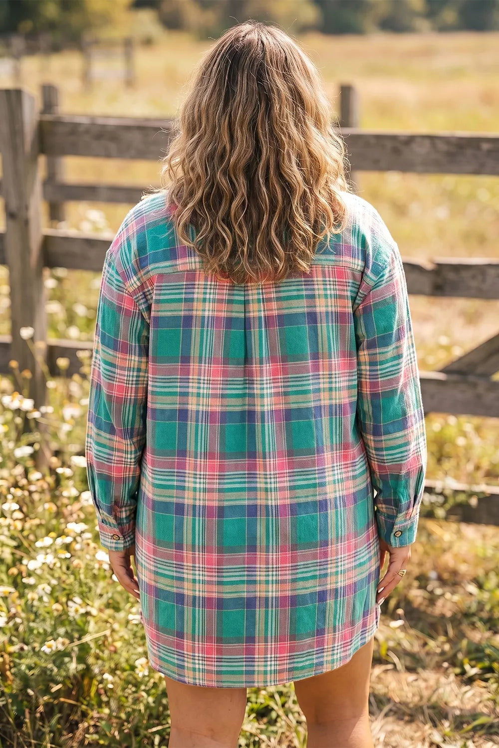 Trendsi Plus Size Plaid Button-Up Shift Long Sleeve Dress -