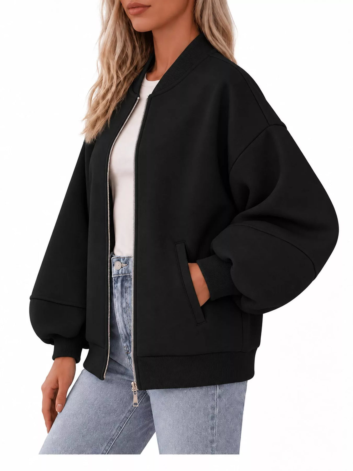 Black oversized zip-up jacket — side view