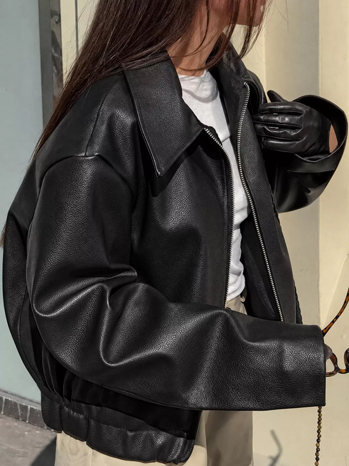 Vintage Faux Leather Zip-Up Jacket — side view