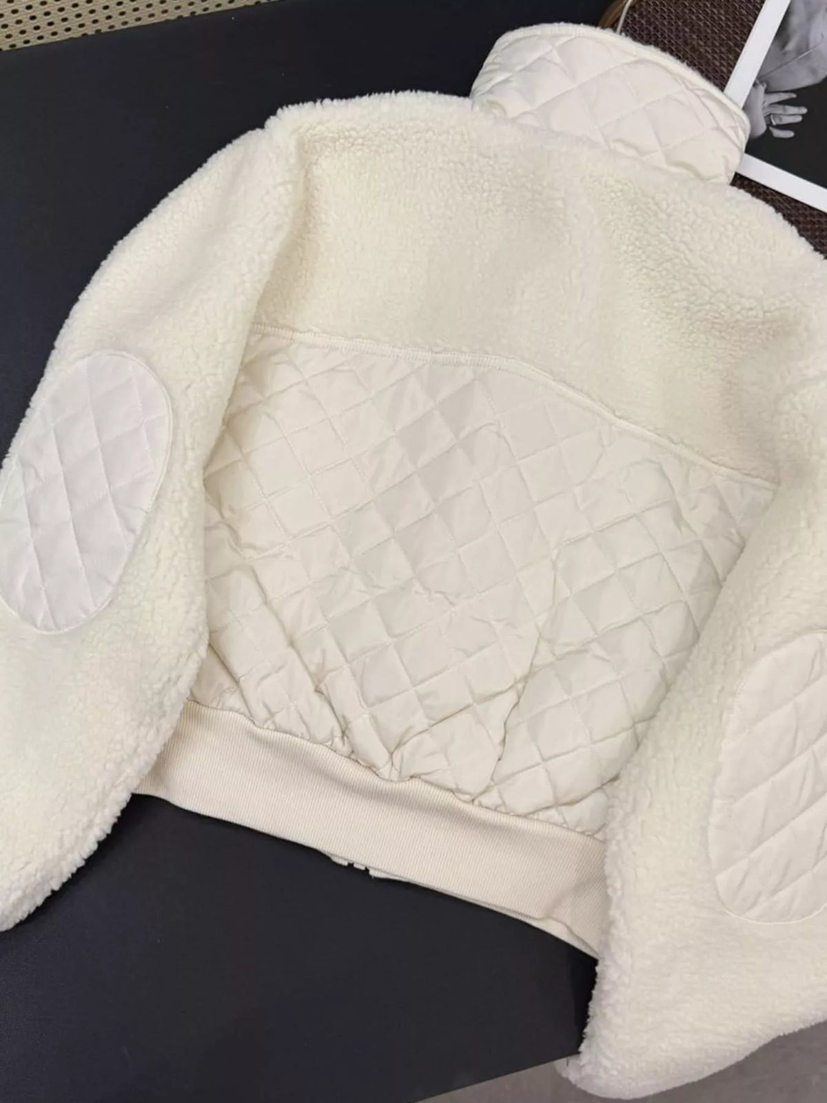 White sherpa quilted zip up jacket, back view