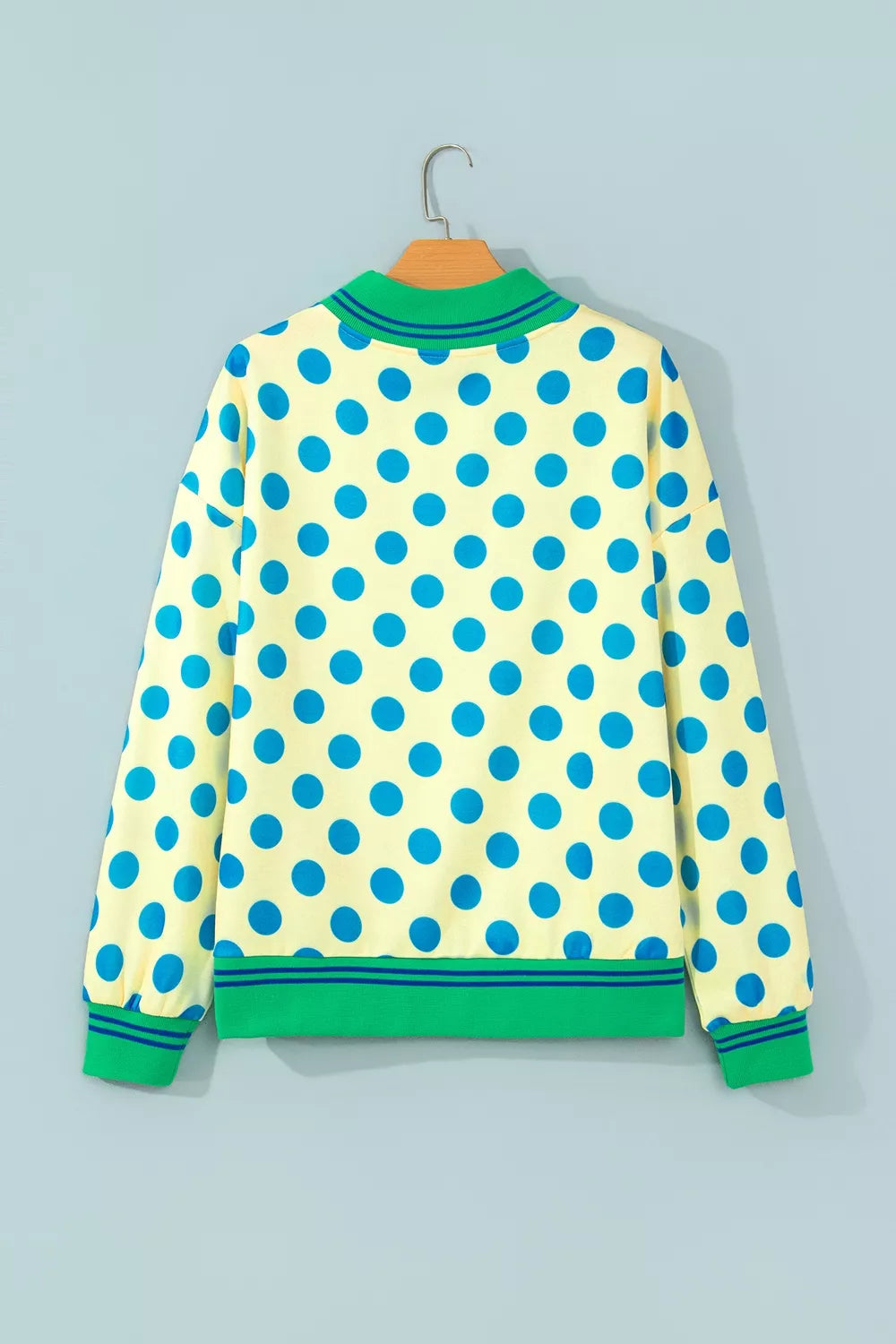 Polka Dot Mock Neck Sweatshirt with Striped Ribbed Trim, back view