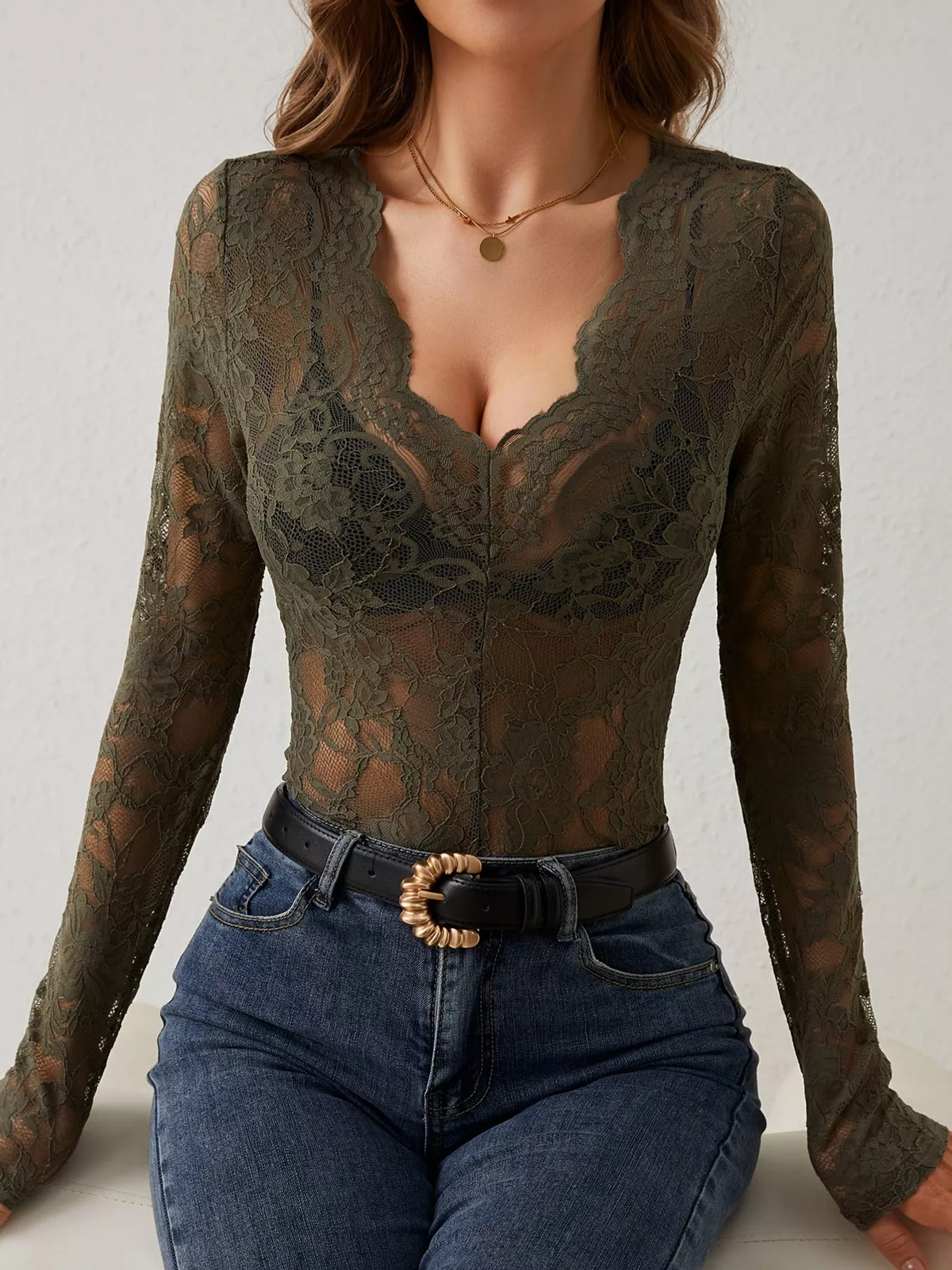 Olive sheer floral lace long sleeve top with scalloped V-neck