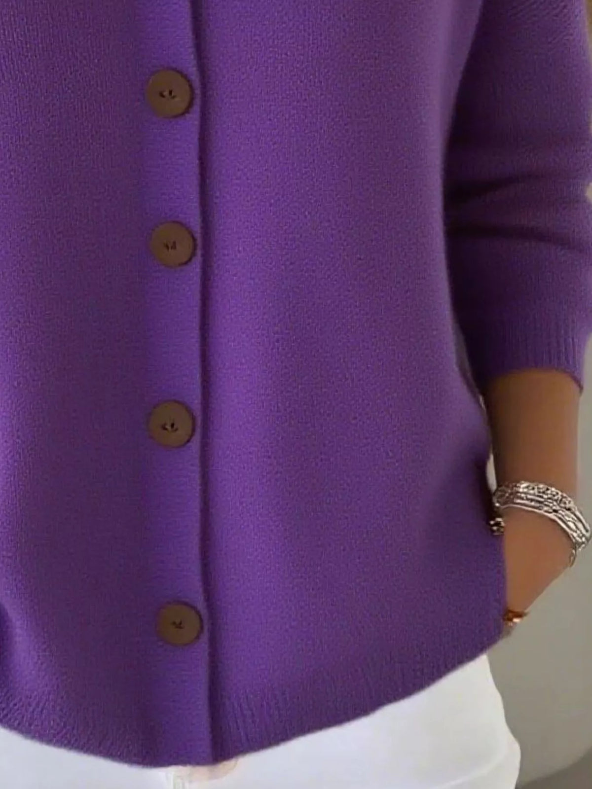 Women's V-Neck Button-Down Knit Cardigan in purple — button detail view