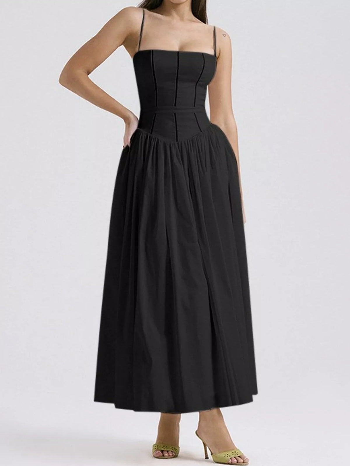 Women's Paneled Bodice Gathered Midi Dress in black — front view
