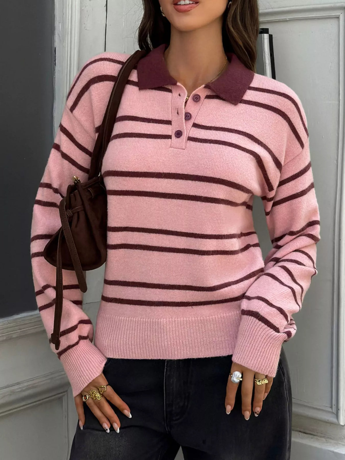 Pink and brown stripes striped polo collar dropped shoulder sweater