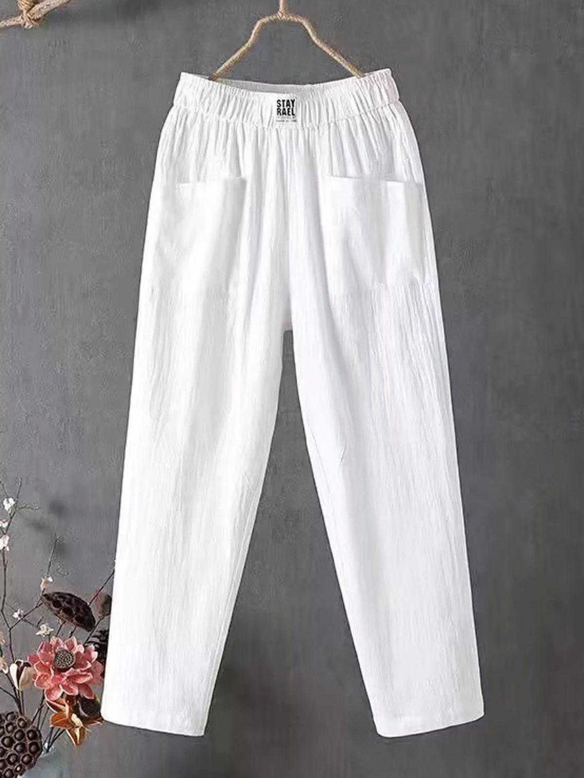 Linen-blend harem pants, white hanging front