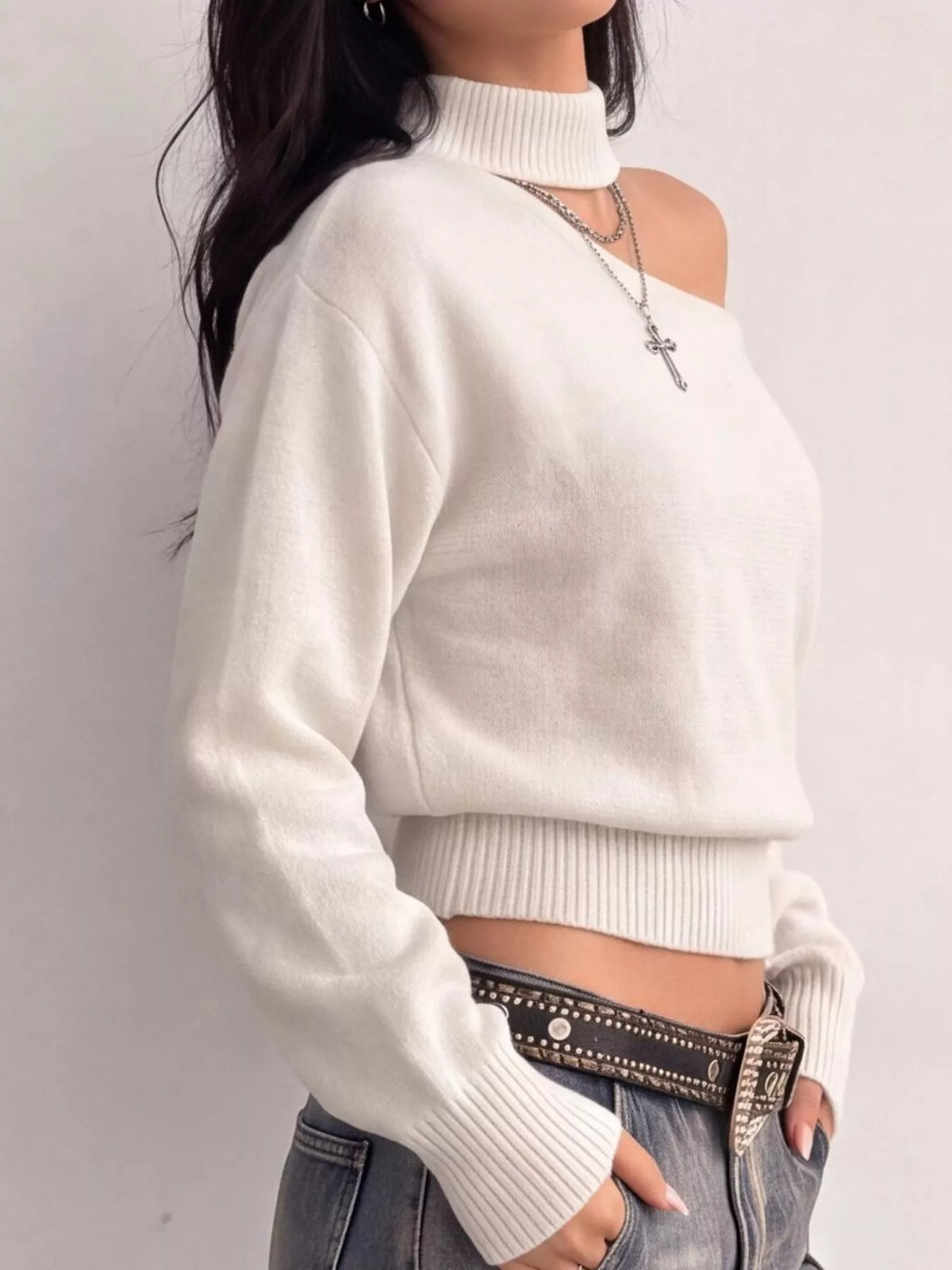 Trendsi Cold-Shoulder Dropped Shoulder Sweater -