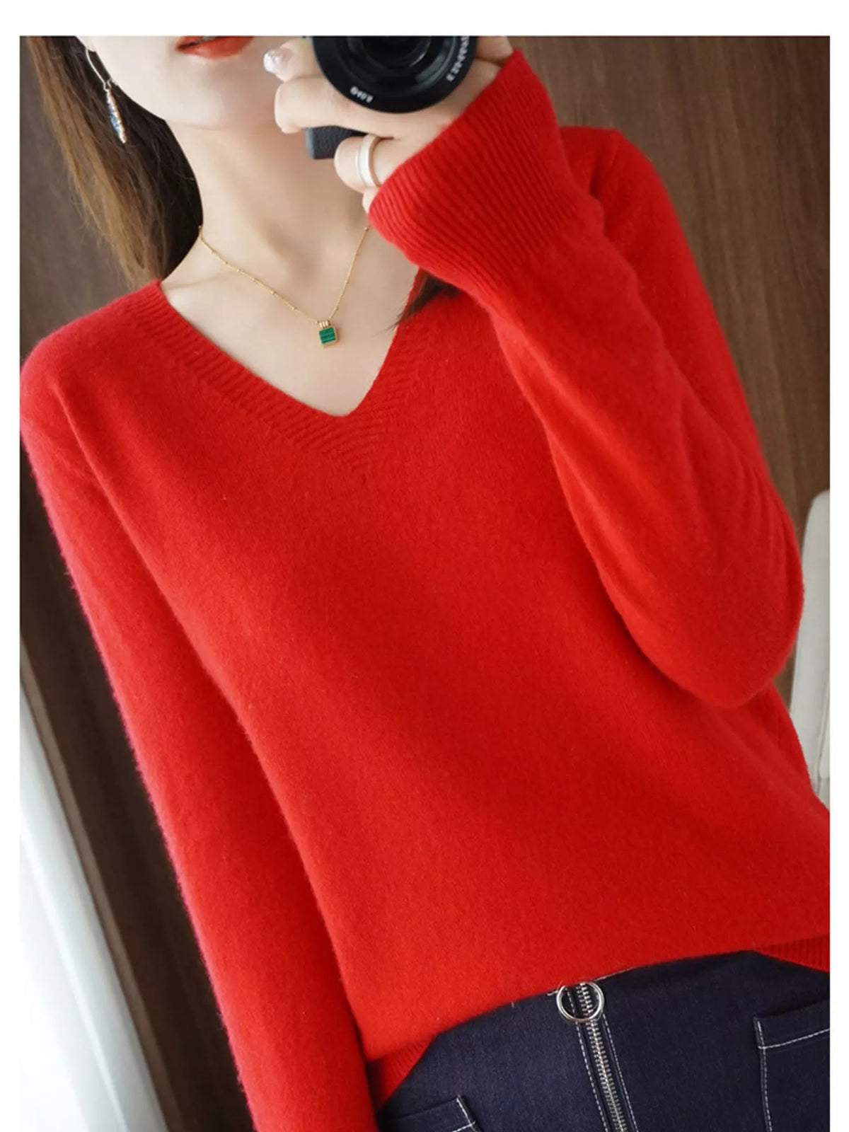 V-Neck Knit Sweater, detail view in red